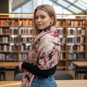 White House Black Market Rose Floral Silk Two-ply Reversible Print Scarf Wrap